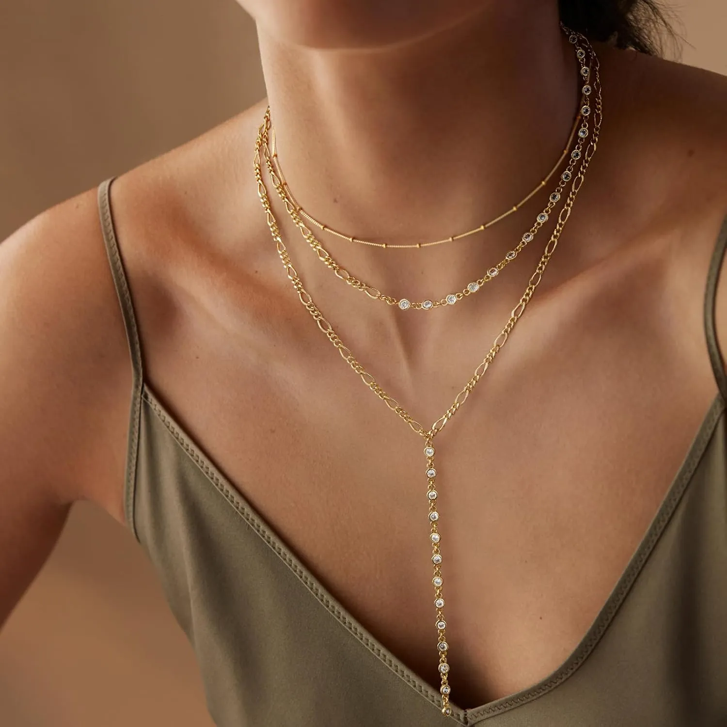 KissYan Gold Lariat Necklace for Women, Dainty 14K Gold Plated Y Shaped Cuban Chain Layered Long CZ Drop Pendant Choker Necklaces Fashion Jewelry Gifts