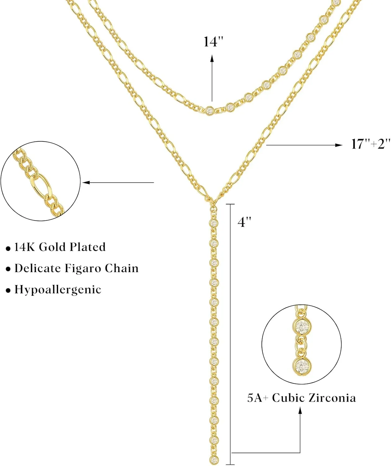KissYan Gold Lariat Necklace for Women, Dainty 14K Gold Plated Y Shaped Cuban Chain Layered Long CZ Drop Pendant Choker Necklaces Fashion Jewelry Gifts