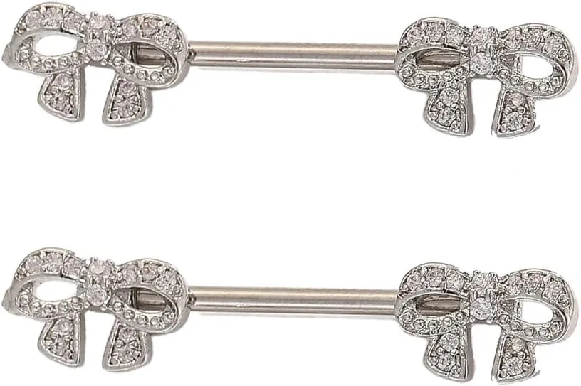 Kokoma 14G Bow Nipple Rings for Women Cubic Zirconia Bow Knot Nipplerings Straight Tongue Rings Tie Nipple Shield Barbell Ring Dainty Body Piercing Jewelry for Women