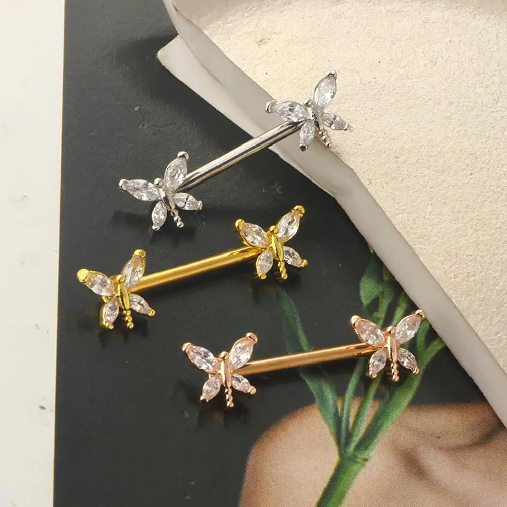 Kokoma 14G Dragonfly Nipple Rings for Women Cubic Zirconia Nipplerings Straight Tongue Rings Nipple Shield Barbell Ring Body Piercing Jewelry