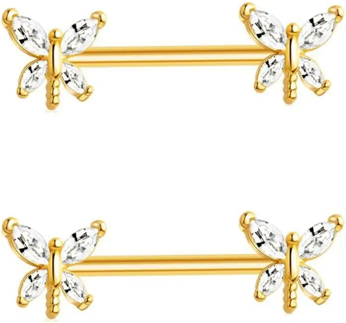 Kokoma 14G Dragonfly Nipple Rings for Women Cubic Zirconia Nipplerings Straight Tongue Rings Nipple Shield Barbell Ring Body Piercing Jewelry