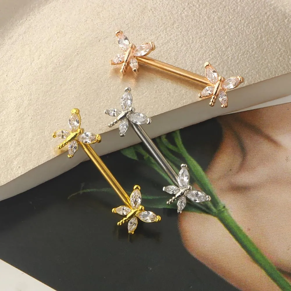Kokoma 14G Dragonfly Nipple Rings for Women Cubic Zirconia Nipplerings Straight Tongue Rings Nipple Shield Barbell Ring Body Piercing Jewelry