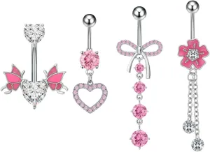 Kokoma 14G Heart Dangle Belly Button Rings for Women Pink Crystal CZ Heart Butterfly Belly Button Rings Tassel Chain Flower Navel Barbell Stud Summer Body Piercing Jewelry