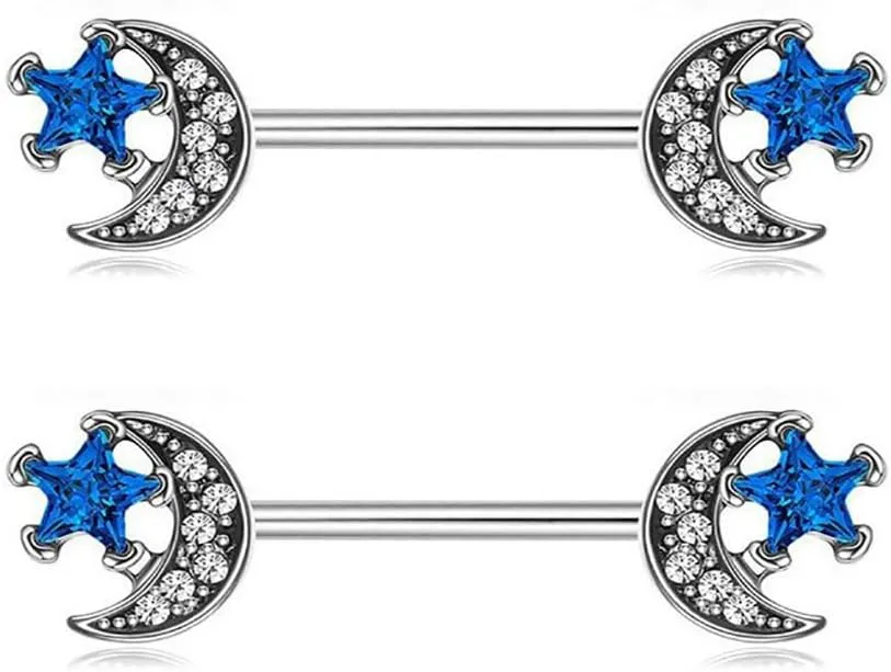 Kokoma 14G Moon and Star Nipple Rings for Women Blue Crystal Cubic Zirconia Barbell Bar Straight Tongue Ring Nipple Shield Rings Body Piercing Jewelry