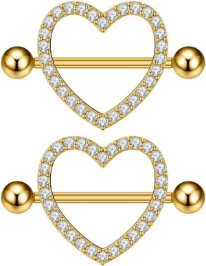 Kokoma 14G Rhinestone Heart Nipple Rings for Women Shiny Cubic Zirconia Hollow Love Heart Nipplerings Barbell Nipple Piercing Nipple Shield Rings Body Piercing Jewelry
