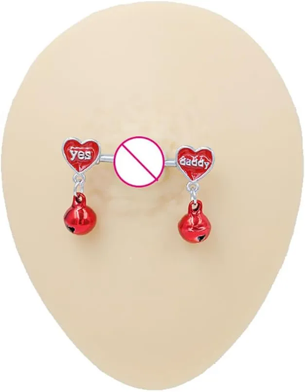 Kokoma 14G Tassel Jingle Bells Dangle Nipple Rings for Women Pink Crystal Heart Nipplerings Dangling Charm Drop Nipple Shield Barbell Body Piercing Jewelry