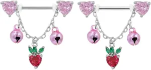Kokoma 14G Tassel Jingle Bells Dangle Nipple Rings for Women Pink Crystal Heart Nipplerings Dangling Charm Drop Nipple Shield Barbell Body Piercing Jewelry