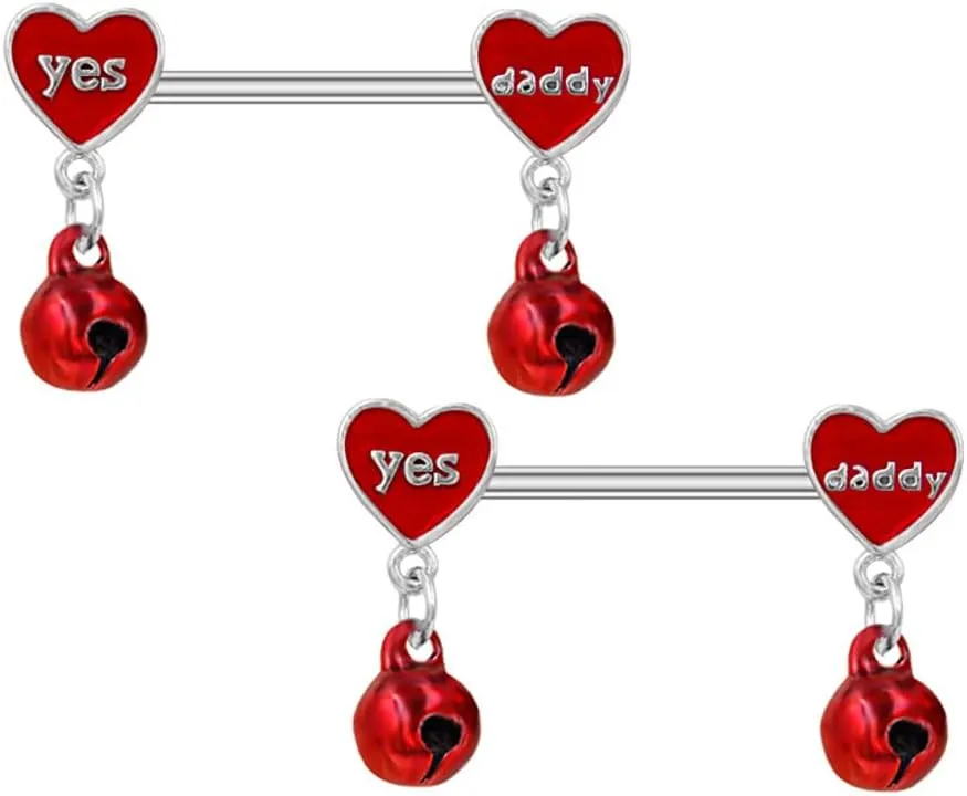 Kokoma 14G Tassel Jingle Bells Dangle Nipple Rings for Women Pink Crystal Heart Nipplerings Dangling Charm Drop Nipple Shield Barbell Body Piercing Jewelry