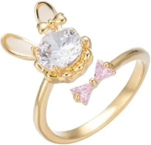 Kokoma Cute Bunny Rabbit Ring for Women CZ Crystal Pink Bow Wrap Finger Band Animal Open Statement Ring Promise Eternity Rings Wedding Band Dainty Jewelry