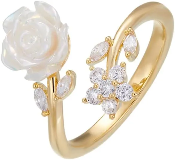 Kokoma White Camellia Flower Ring for Women Crystal CZ Little Flowers Wrap Finger Band Open Statement Ring Eternity Engagement Rings Wedding Rings Christmas Jewelry