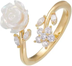 Kokoma White Camellia Flower Ring for Women Crystal CZ Little Flowers Wrap Finger Band Open Statement Ring Eternity Engagement Rings Wedding Rings Christmas Jewelry