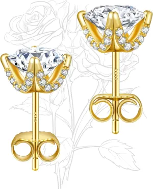 KRKC Moissanite Earrings, Lab Grown Diamond Stud Earrings for Women, 14K Golden Plated Sterling Silver, Bloom Design, 2 Carat D Color VVS1, Hypoallergenic, Gift for Wife, Mom, Her