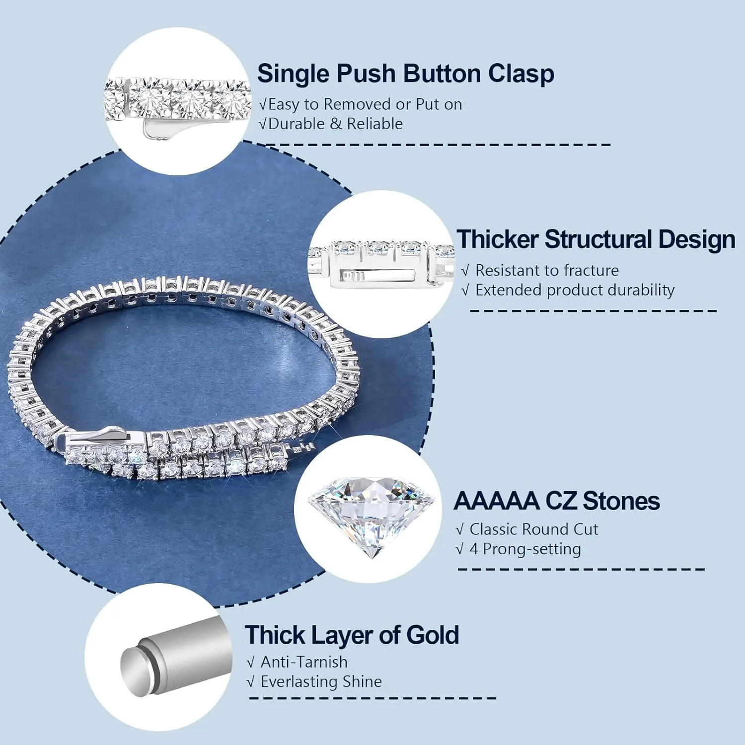 KRKC&CO 3/4mm Tennis Bracelet for Women Men, 14k Gold/White Gold Bracelets, Iced Out 5A Cubic Zirconia Stones, Bridal Wedding Jewelry for Her