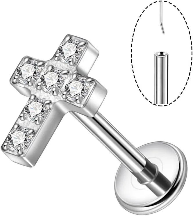 Lantine 1Pcs Cross Cz Threadless Push in Nose Rings Studs Implant Grade Titanium Flat Back Stud Earrings Lip Labret Medusa Monroe Helix Daith Cartilage Tragus Conch Lobe Piercing Jewelry
