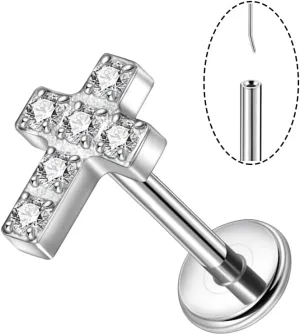 Lantine 1Pcs Cross Cz Threadless Push in Nose Rings Studs Implant Grade Titanium Flat Back Stud Earrings Lip Labret Medusa Monroe Helix Daith Cartilage Tragus Conch Lobe Piercing Jewelry
