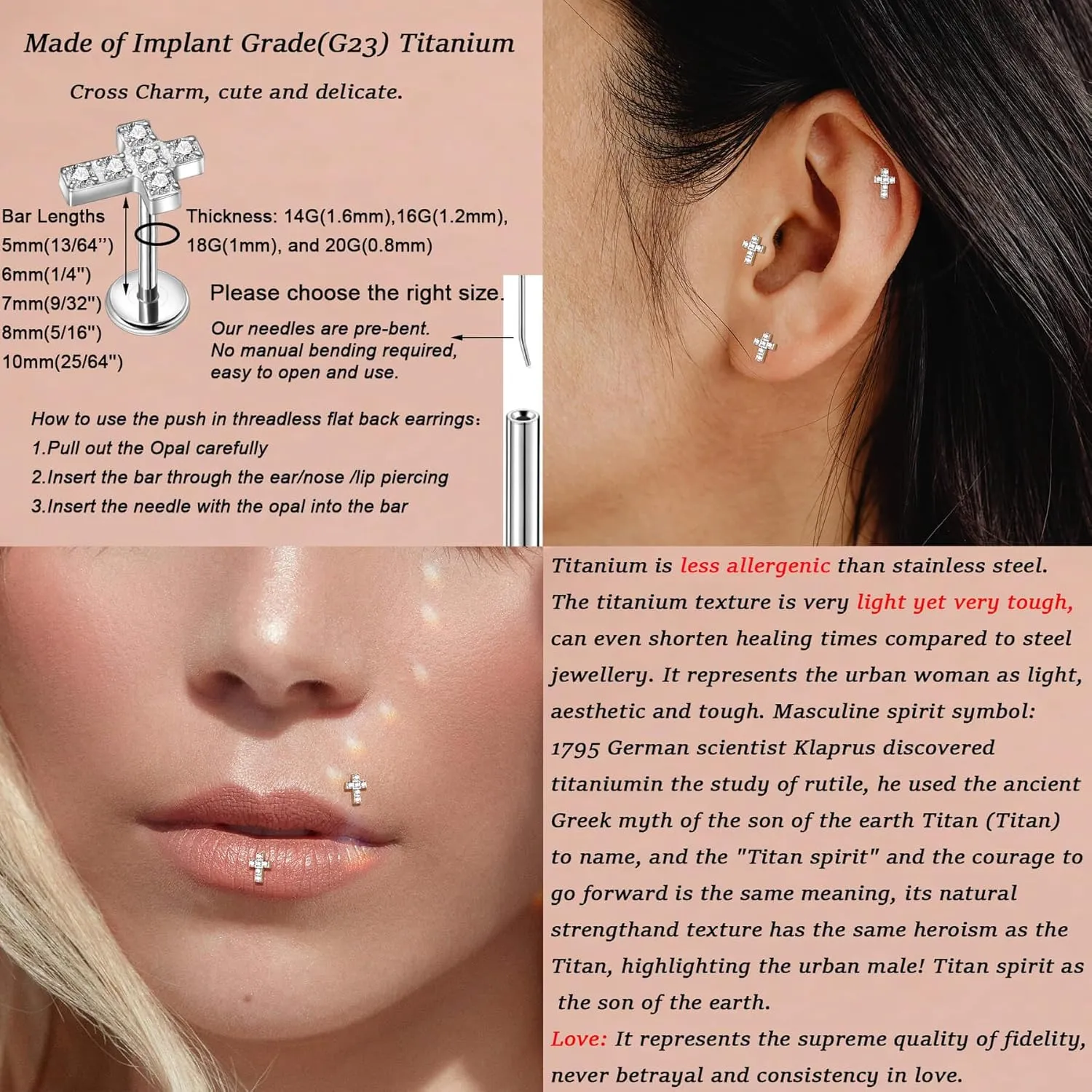 Lantine 1Pcs Cross Cz Threadless Push in Nose Rings Studs Implant Grade Titanium Flat Back Stud Earrings Lip Labret Medusa Monroe Helix Daith Cartilage Tragus Conch Lobe Piercing Jewelry