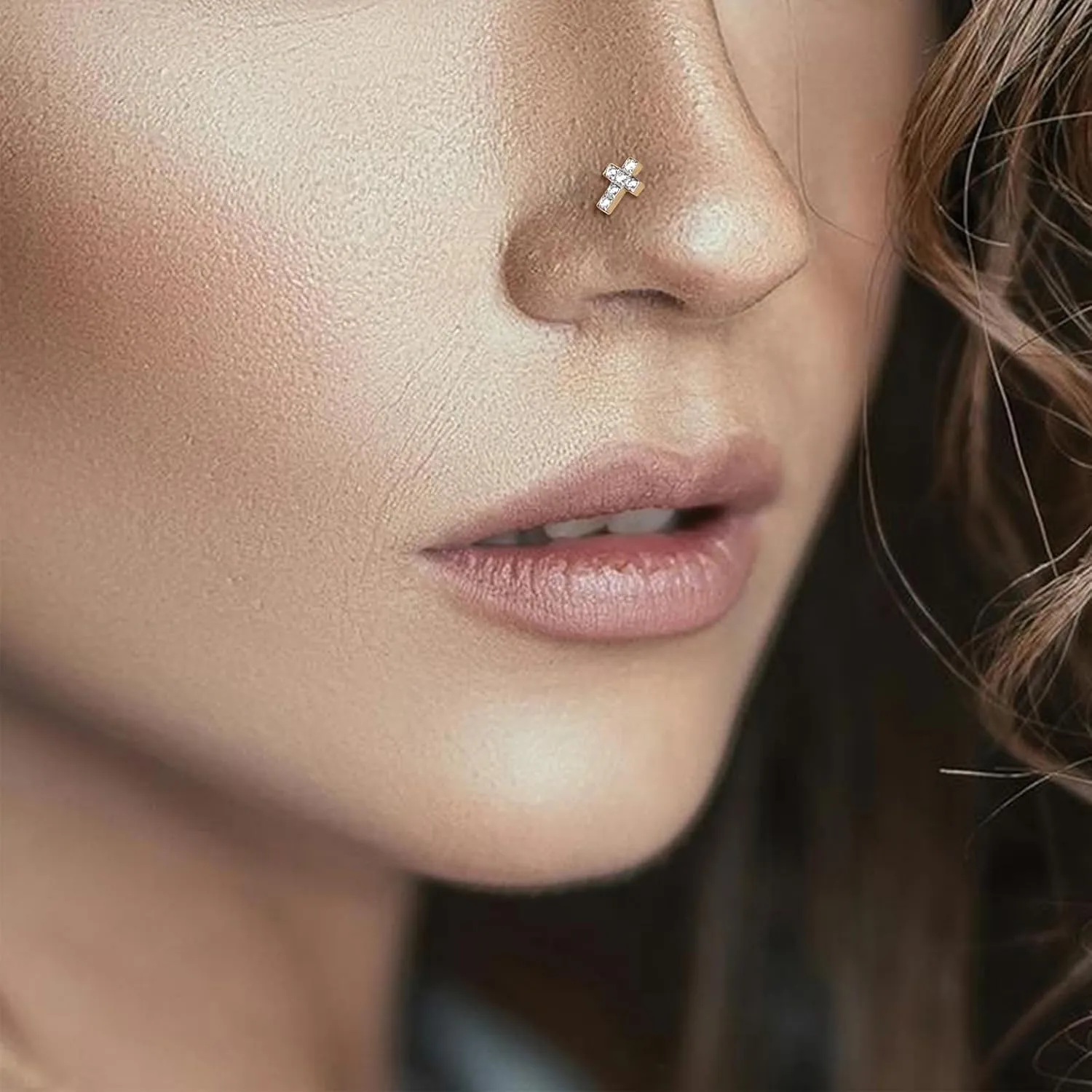 Lantine 1Pcs Cross Cz Threadless Push in Nose Rings Studs Implant Grade Titanium Flat Back Stud Earrings Lip Labret Medusa Monroe Helix Daith Cartilage Tragus Conch Lobe Piercing Jewelry
