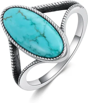 Large Authentic Turquoise Rings Women 925 Sterling Silver Genuine Native American Jewelry Vintage Boho Style Oval Rings for Mom Wife