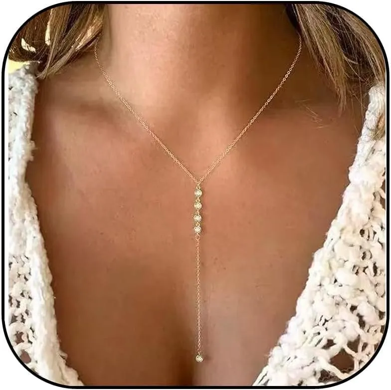 Lariat Necklace for Women 14K Gold Plated Long Chain Layered CZ Drop Necklaces Trendy Y-Shaped Cubic Zirconia Pendant Necklace for Women Jewelry Gift