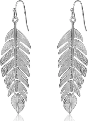 Leaf Earrings for Women - Long Hanging Boho Feather Earrings Plated in Gold, Silver, or Rose Gold Tone