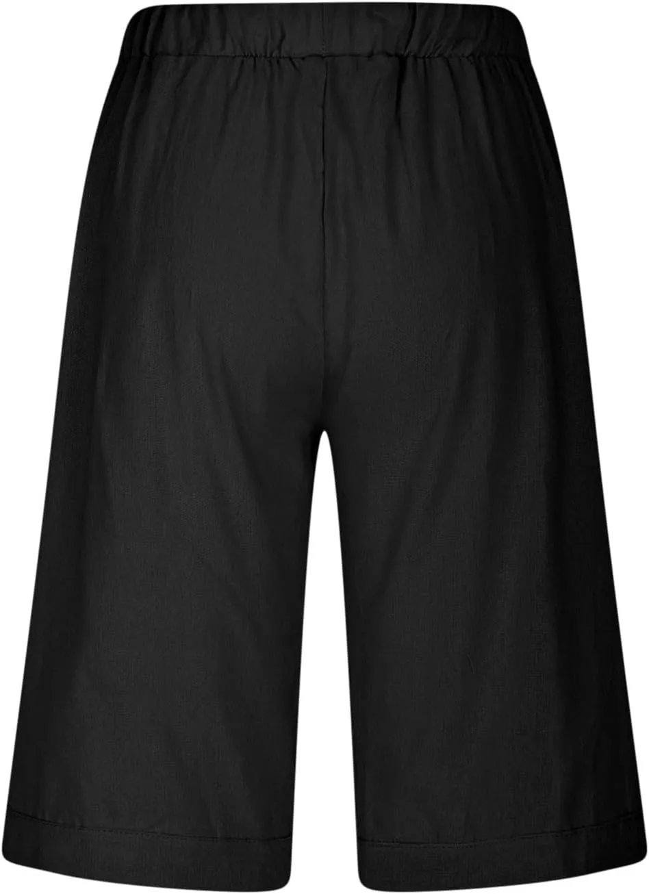 Linen Capri Pants for Women Side Hollow Out Cropped Trousers Casual Summer Capris Drawstring High Waist Wide Leg Pant