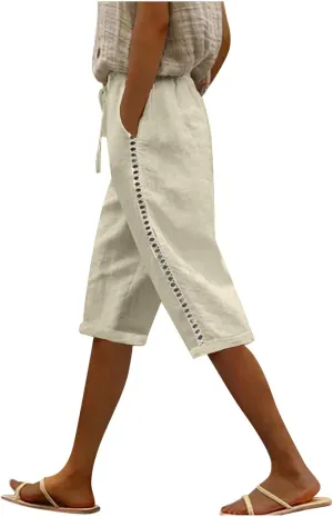 Linen Capri Pants for Women Side Hollow Out Cropped Trousers Casual Summer Capris Drawstring High Waist Wide Leg Pant