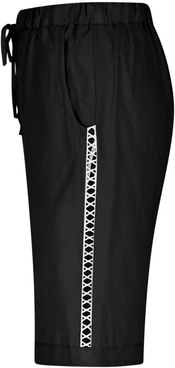 Linen Capri Pants for Women Side Hollow Out Cropped Trousers Casual Summer Capris Drawstring High Waist Wide Leg Pant