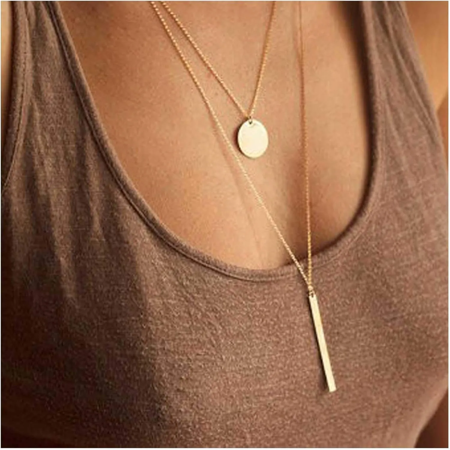 Long Bar Pendant Necklace Layered Gold Coin Disc Necklace Chain Vintage Neckkace Jewelry for Women
