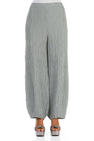 Long Crinkled Light Grey Silk Trousers