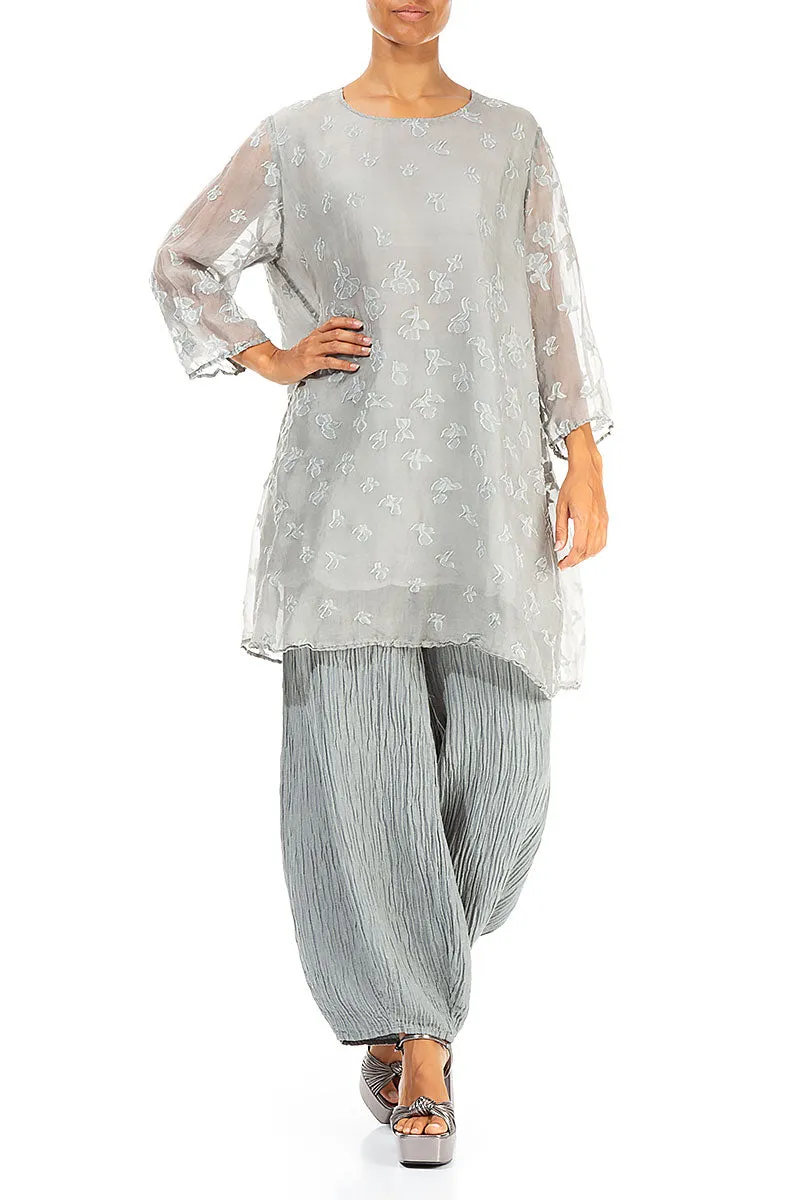 Long Crinkled Light Grey Silk Trousers