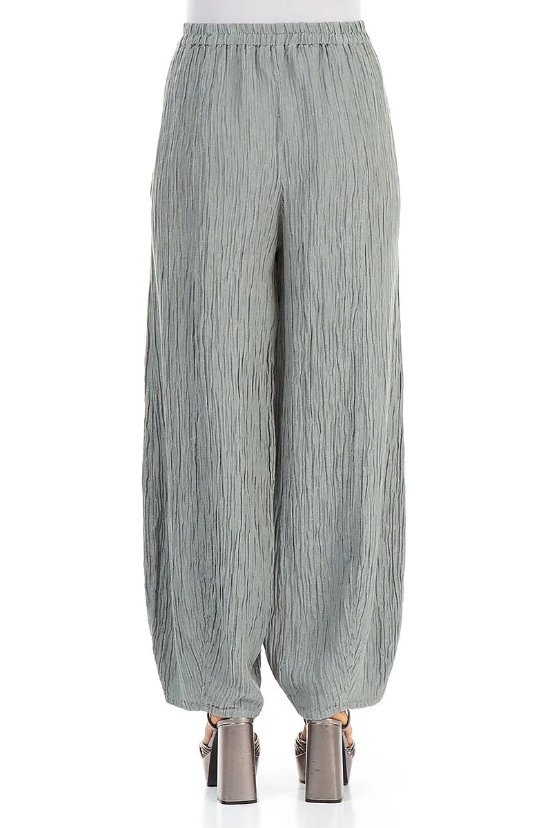 Long Crinkled Light Grey Silk Trousers