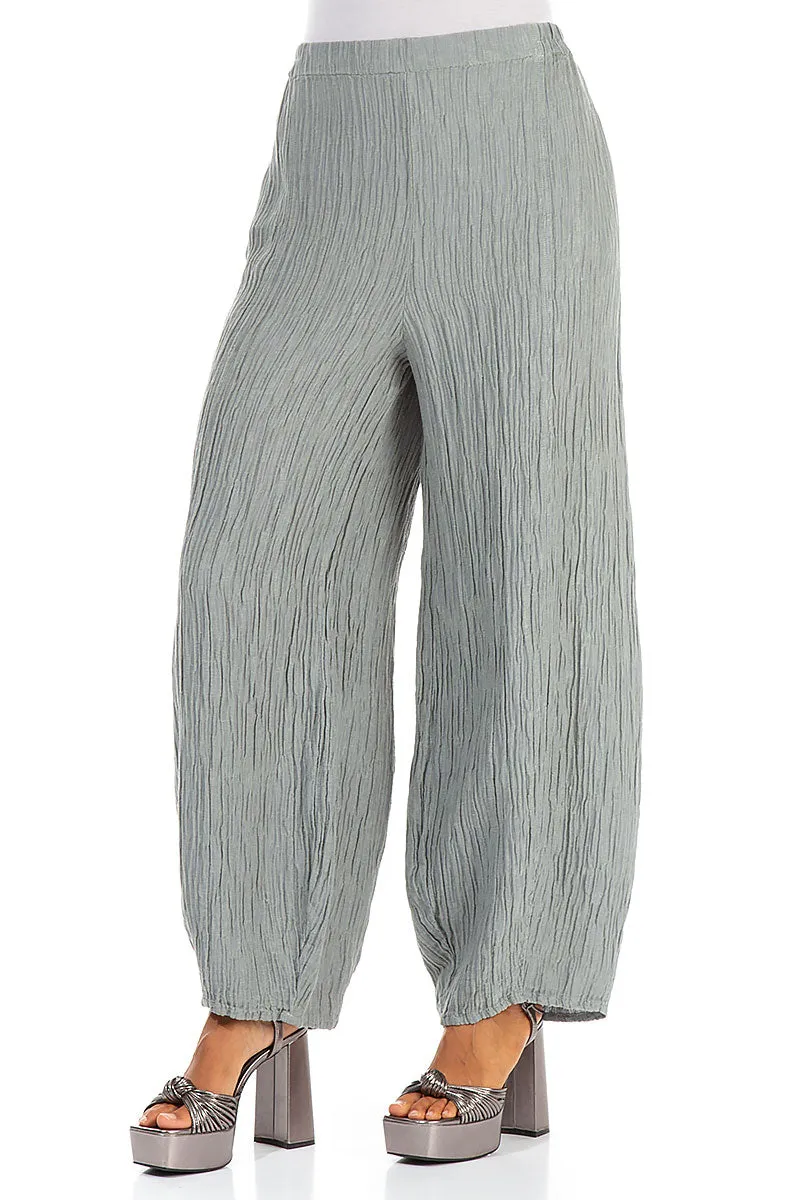 Long Crinkled Light Grey Silk Trousers