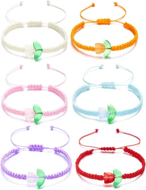 Lovely Flower Stretch Bracelet for Women Handmade Colorful Tulip String Strand Bracelet Adjustable Woven Surfer Beach BFF Wristband Jewelry