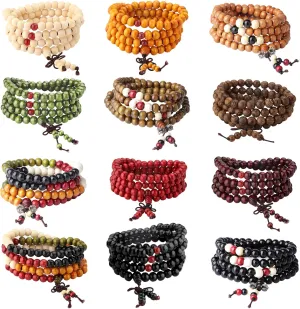 LOYALLOOK 12Pcs 108 Mala Bead Bracelets 8MM Buddhist Prayer Strand Sandalwood Wood Beaded Bracelet Necklace Elastic Handmade Multilayer Tibetan Buddha Link Wrist Bracelets Meditation Necklace Chain