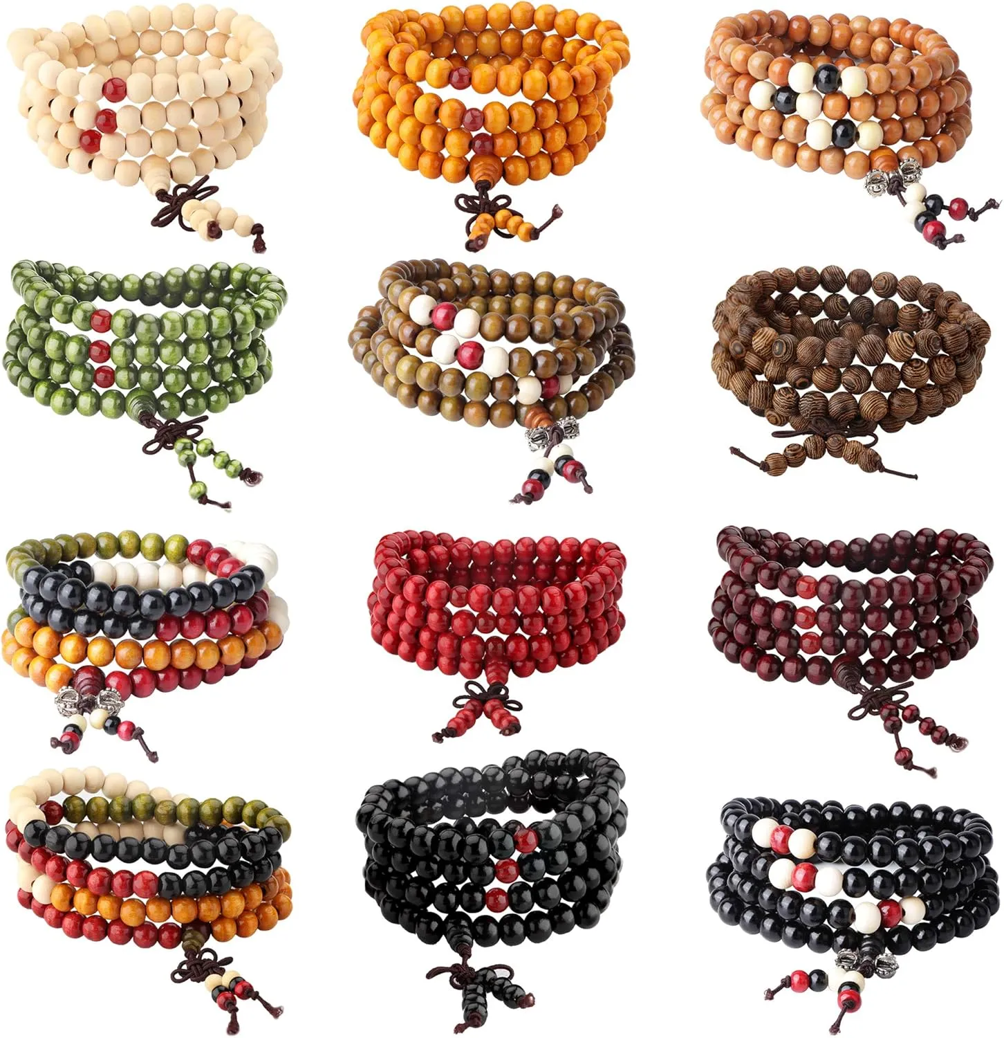 LOYALLOOK 12Pcs 108 Mala Bead Bracelets 8MM Buddhist Prayer Strand Sandalwood Wood Beaded Bracelet Necklace Elastic Handmade Multilayer Tibetan Buddha Link Wrist Bracelets Meditation Necklace Chain
