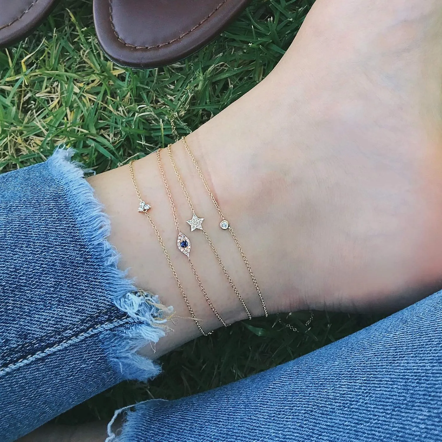 LOYATA Dainty Ankle Bracelet,14K Gold Plated Tiny Bead Anklet Dainty White Cubic Zirconia Cross Tassel Foot Chain Cute Lucky Moon Evil Eye Foot Jewelry Boho Anklets for Women
