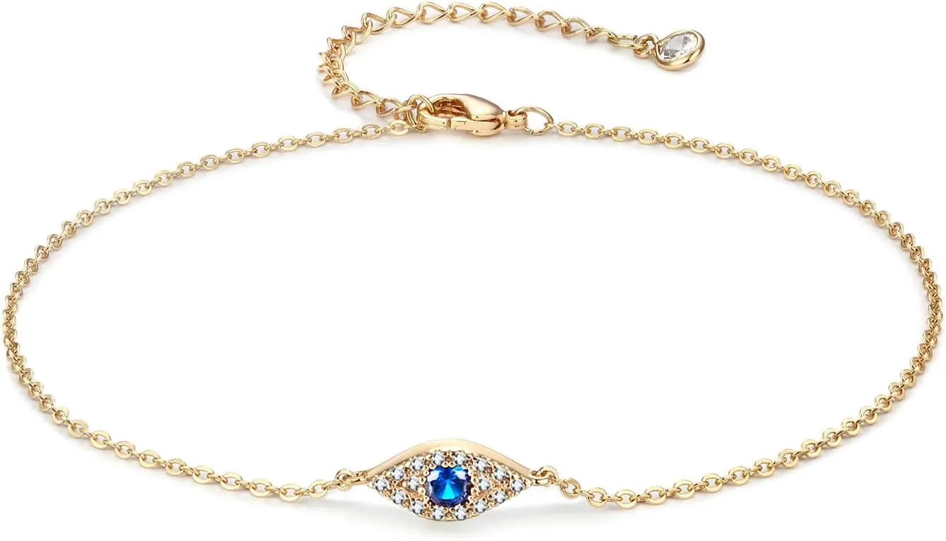 LOYATA Dainty Ankle Bracelet,14K Gold Plated Tiny Bead Anklet Dainty White Cubic Zirconia Cross Tassel Foot Chain Cute Lucky Moon Evil Eye Foot Jewelry Boho Anklets for Women