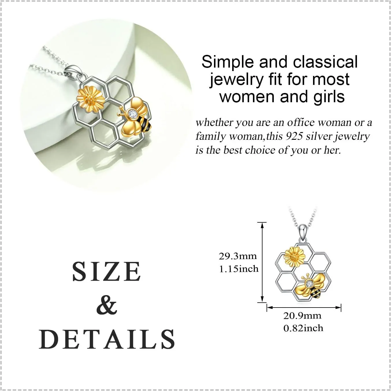 LUHE Bee Necklace 925 Sterling Silver Honeycomb Cute Flower Pendant Necklaces for Women Gifts for Her Women