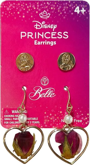 LUV HER Disney Belle Earrings Gift Sets - Heart-Shaped Drop Earrings with Pearl Accent & Belle Studs - Hypoallergenic Nickel-Free - Ideal Gifts for Girls' Parties, Costumes Ages 4 