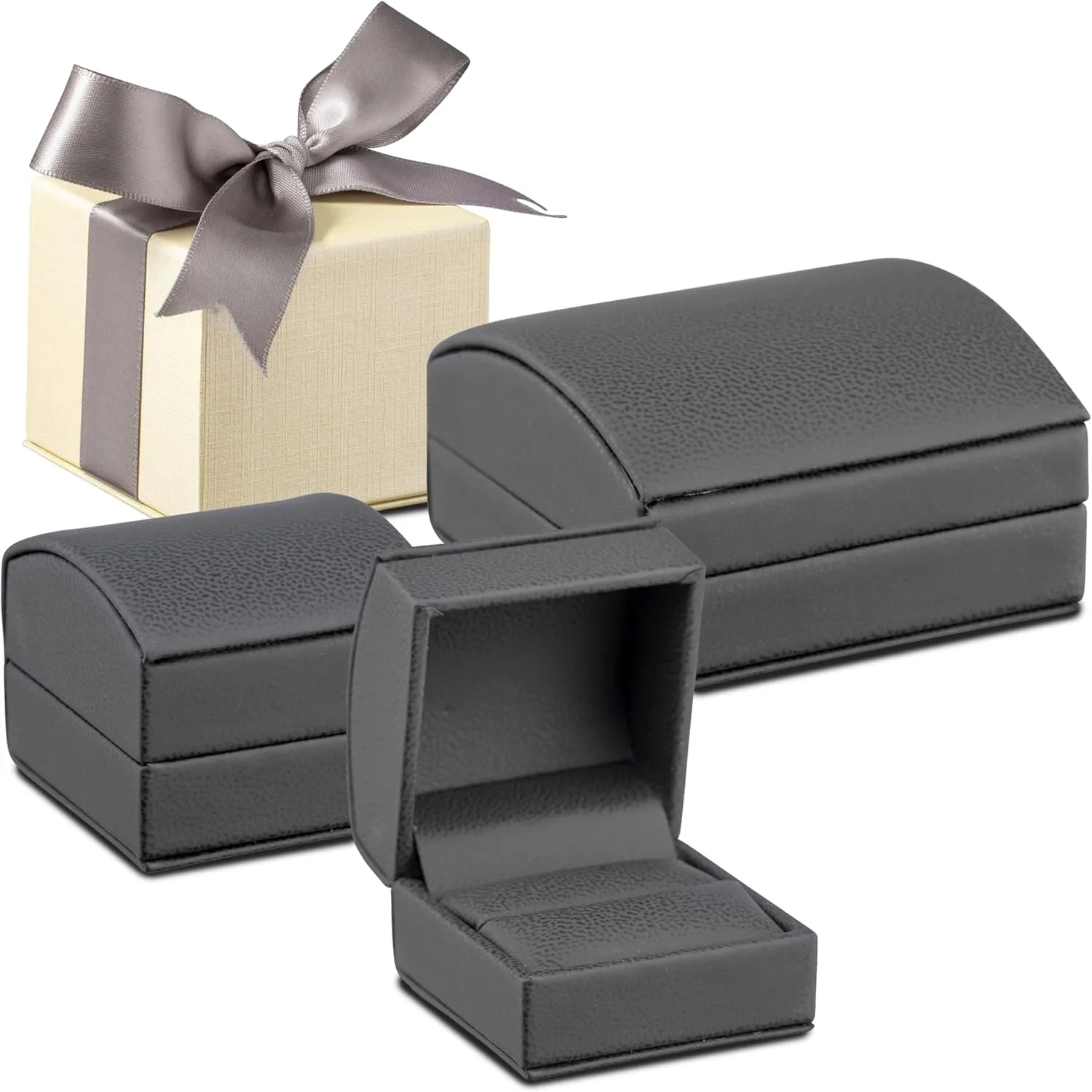 Luxury Dome-Shape Leather Earring Box for Women & Girls  Jewelry Gift Box Ideal for Studs, Small Hanging Earrings  Earring Case with Cream Ribbed Outer Box & Matching Bow Ribbon