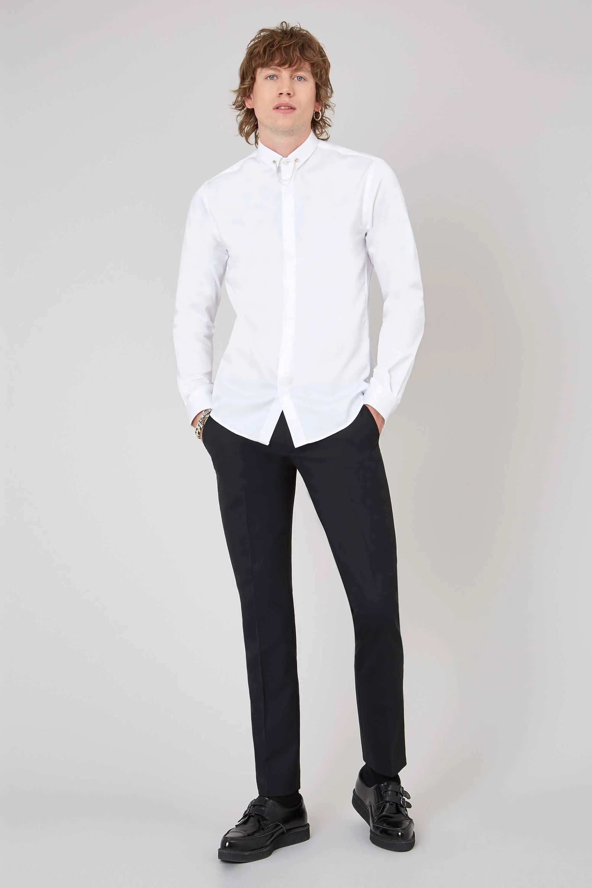 Lynton Skinny Fit White Collar Bar Cotton Shirt