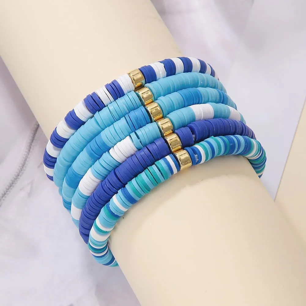 Macaron Multi-layer 6Pcs Bohemia Bracelet for Women Heishi Clay Bead Stretch Bracelets Stackable Colorful Summer Beach Hawaii Boho Jewelry Halloween Christmas Gifts