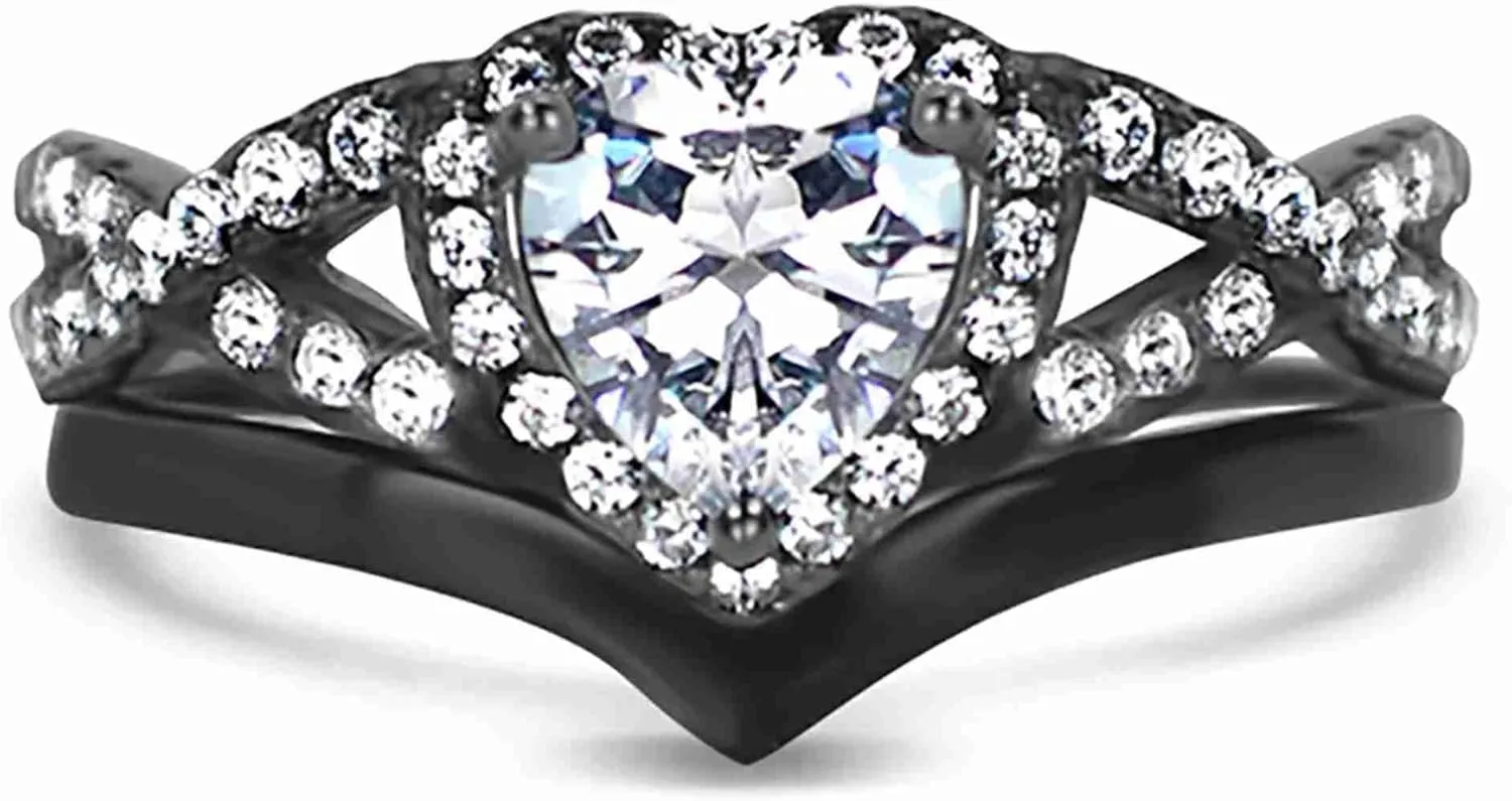 MADANE JEWELS- 2CT Heart Cut Moissanite Wedding Band Set for Couples - His & Hers Matching Rings with VVS1 Clarity, 14K Black Gold Plated in 925 Sterling Silver