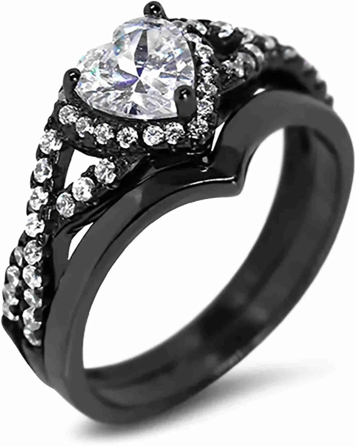 MADANE JEWELS- 2CT Heart Cut Moissanite Wedding Band Set for Couples - His & Hers Matching Rings with VVS1 Clarity, 14K Black Gold Plated in 925 Sterling Silver