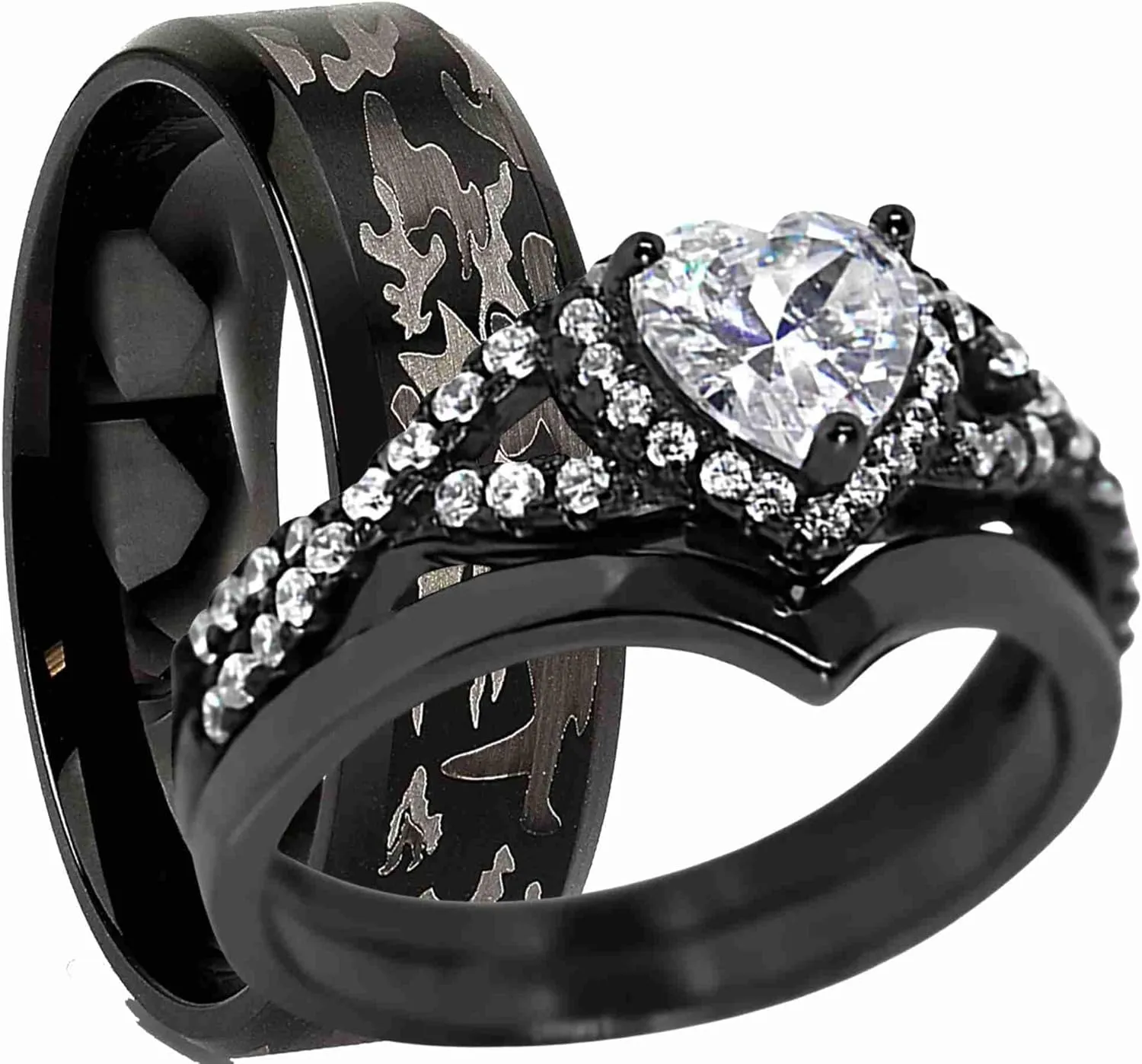 MADANE JEWELS- 2CT Heart Cut Moissanite Wedding Band Set for Couples - His & Hers Matching Rings with VVS1 Clarity, 14K Black Gold Plated in 925 Sterling Silver