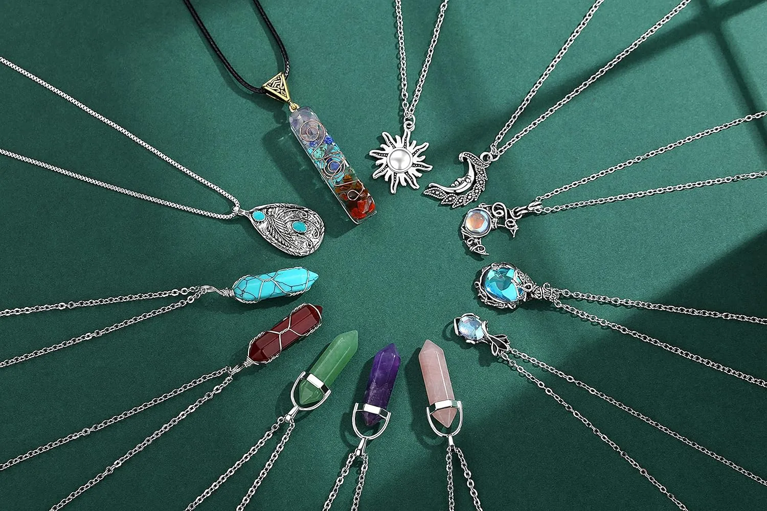 MAIBAOTA 10 Pcs Crystal Necklace Healing Amethyst Crystals Carnelian Chakra Necklaces Evil Eye Necklace Vintage Hippie Wiccan Boho Rose Quartz Moon Sun Jewelry Heart Gemstone Pendant for Women