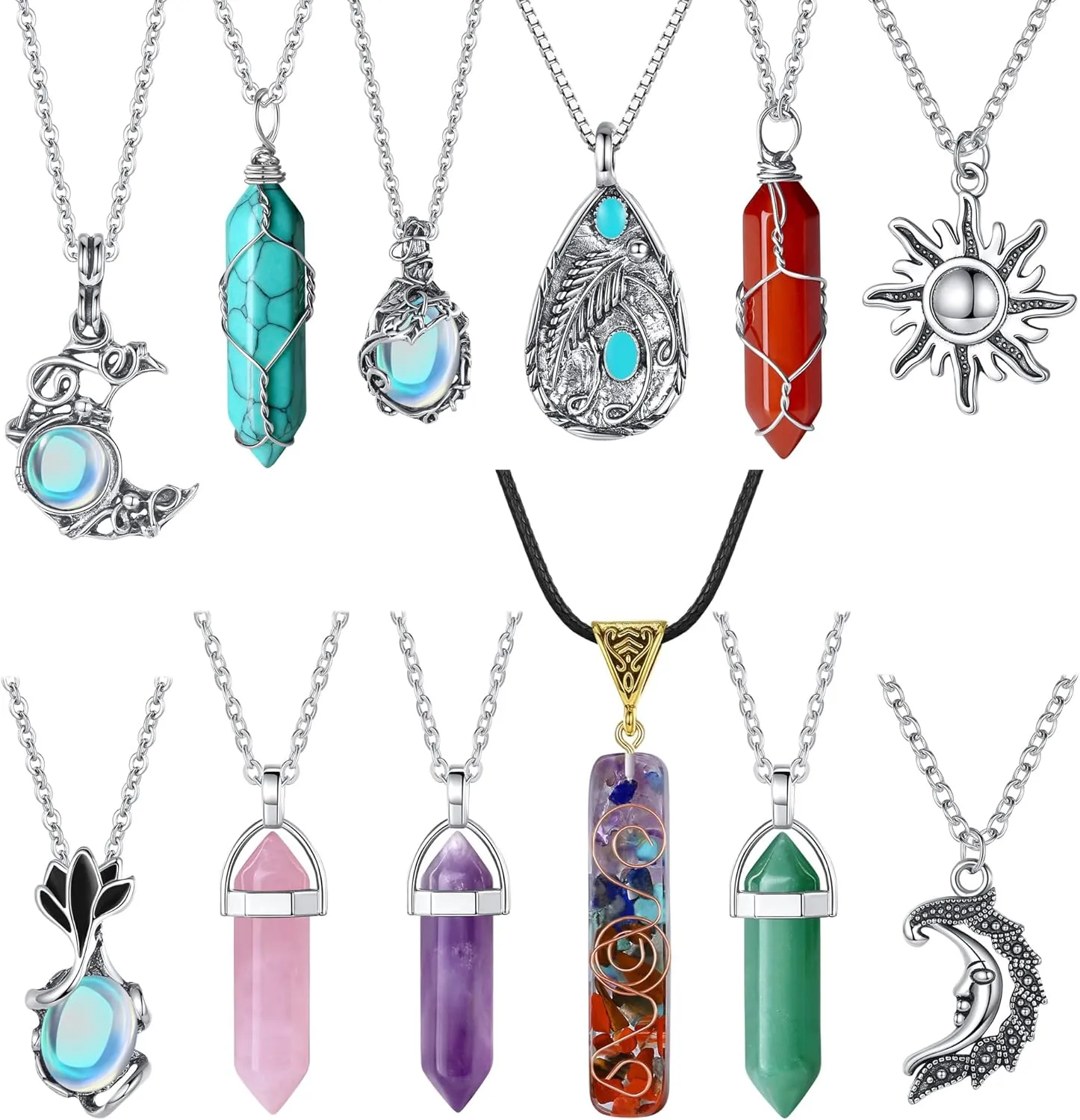 MAIBAOTA 10 Pcs Crystal Necklace Healing Amethyst Crystals Carnelian Chakra Necklaces Evil Eye Necklace Vintage Hippie Wiccan Boho Rose Quartz Moon Sun Jewelry Heart Gemstone Pendant for Women