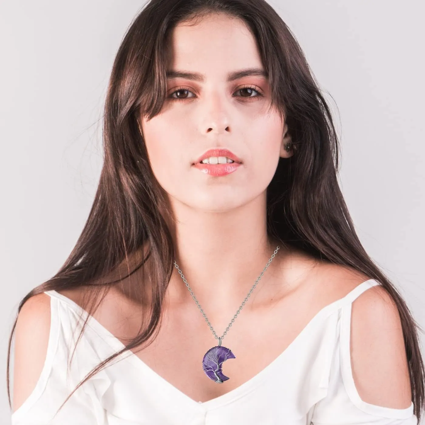MAIBAOTA Healing Crystal Necklace, Tree Life Wire Wrapped Crescent Moon Necklace, Natural Stone Pendant Necklaces, Mothers Day Gifts for Mom, Gemstone Jewelry Gifts for Women