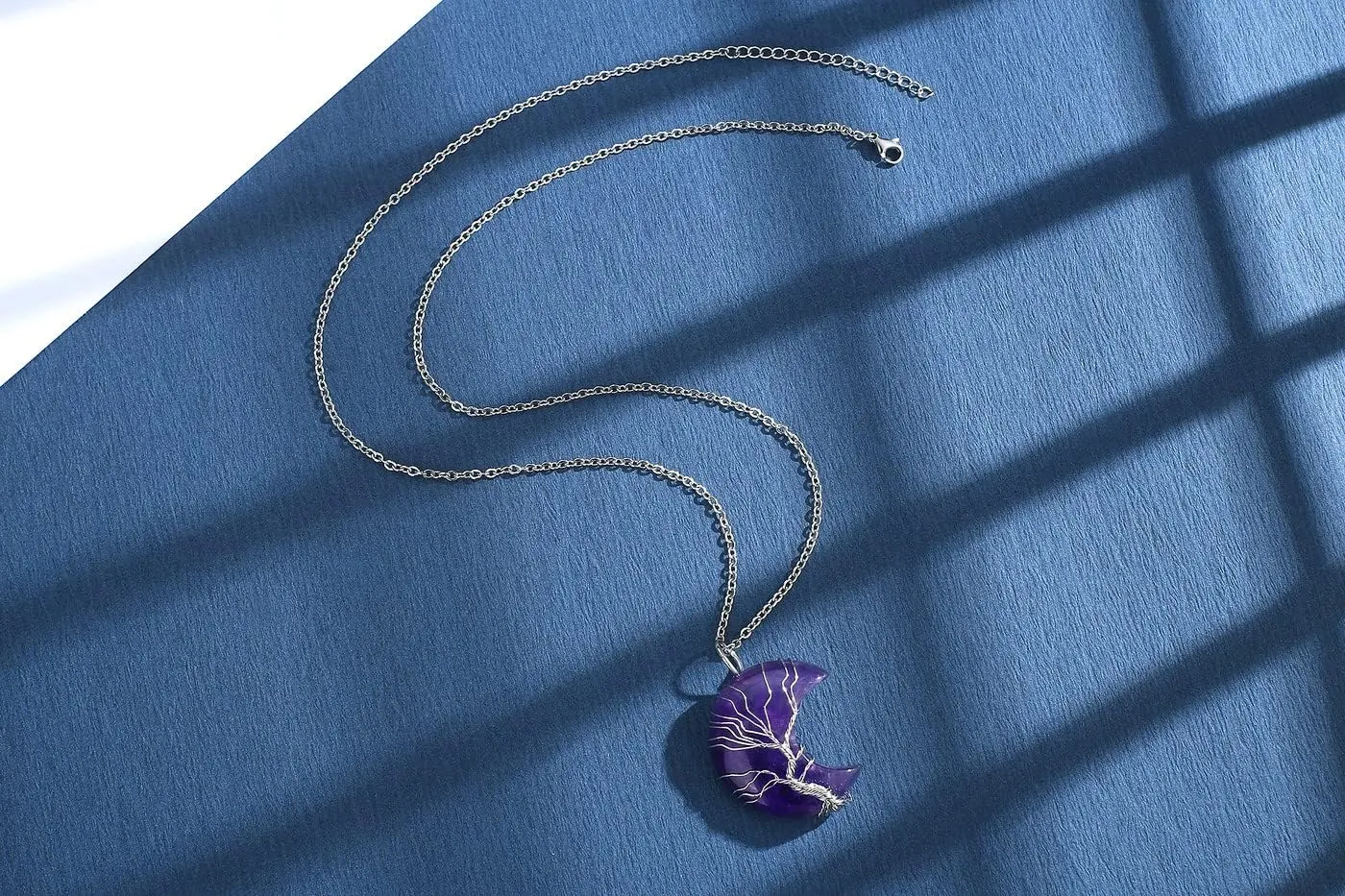 MAIBAOTA Healing Crystal Necklace, Tree Life Wire Wrapped Crescent Moon Necklace, Natural Stone Pendant Necklaces, Mothers Day Gifts for Mom, Gemstone Jewelry Gifts for Women