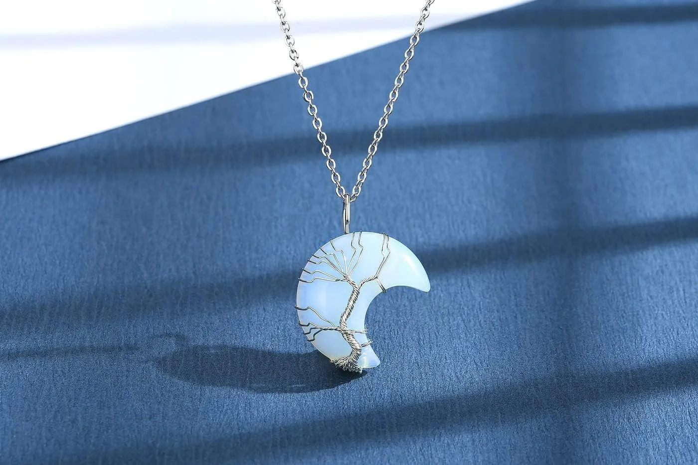 MAIBAOTA Healing Crystal Necklace, Tree Life Wire Wrapped Crescent Moon Necklace, Natural Stone Pendant Necklaces, Mothers Day Gifts for Mom, Gemstone Jewelry Gifts for Women